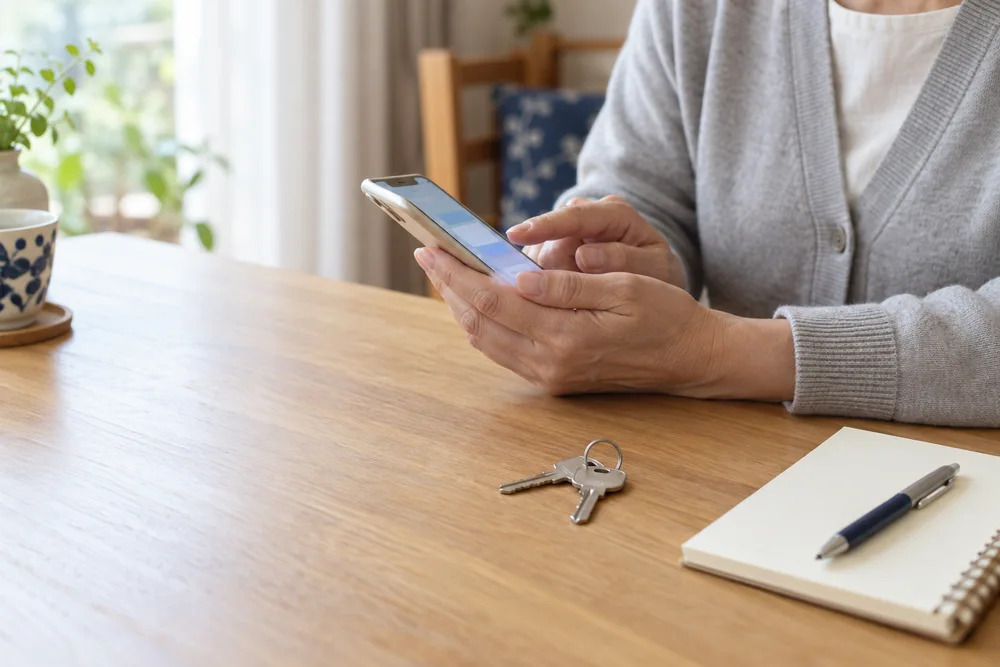 家の鍵を手元に置き、スマートフォンで相談するイメージ