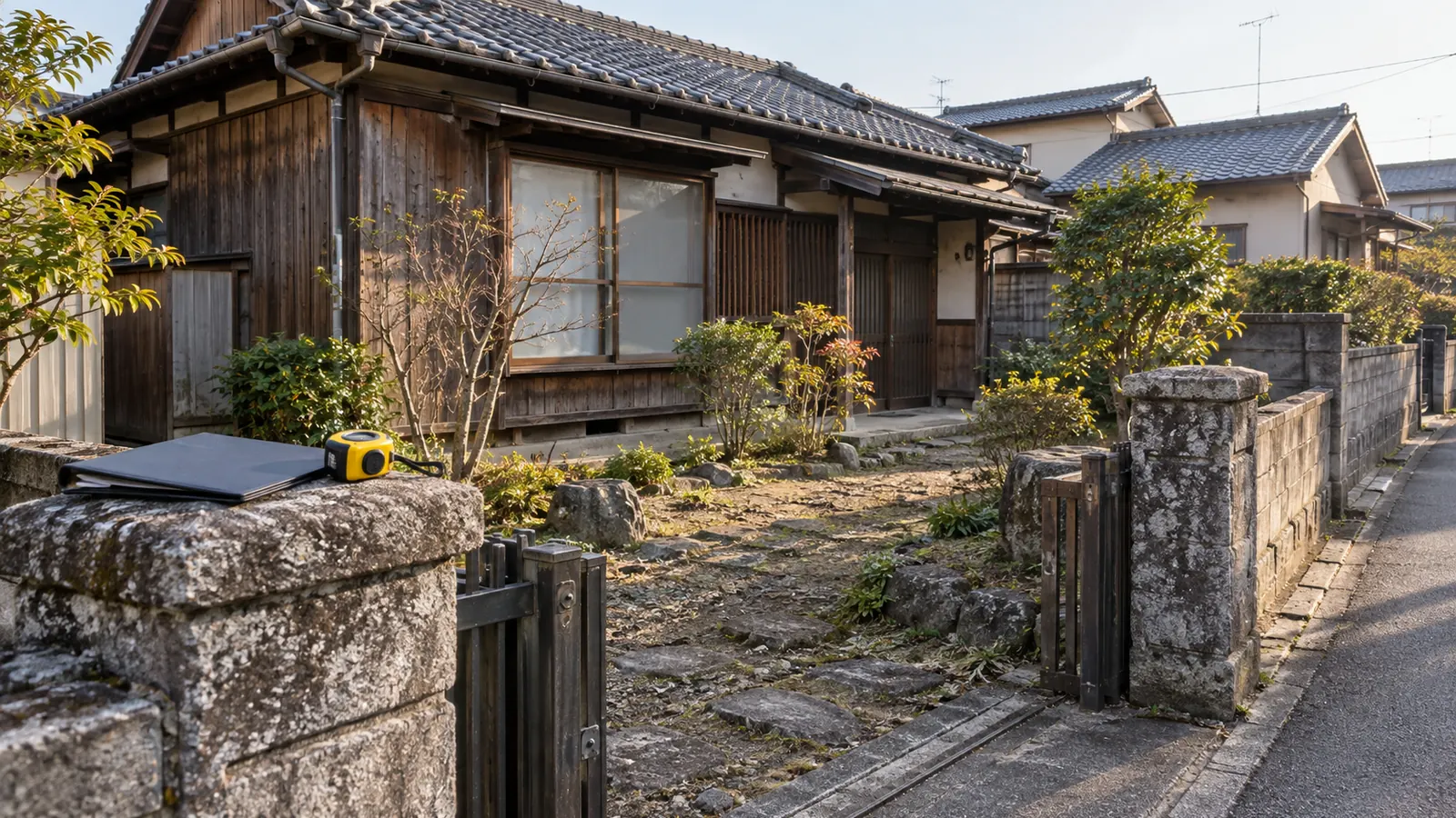 売りに出す前の古い実家と、庭で寸法を測る様子