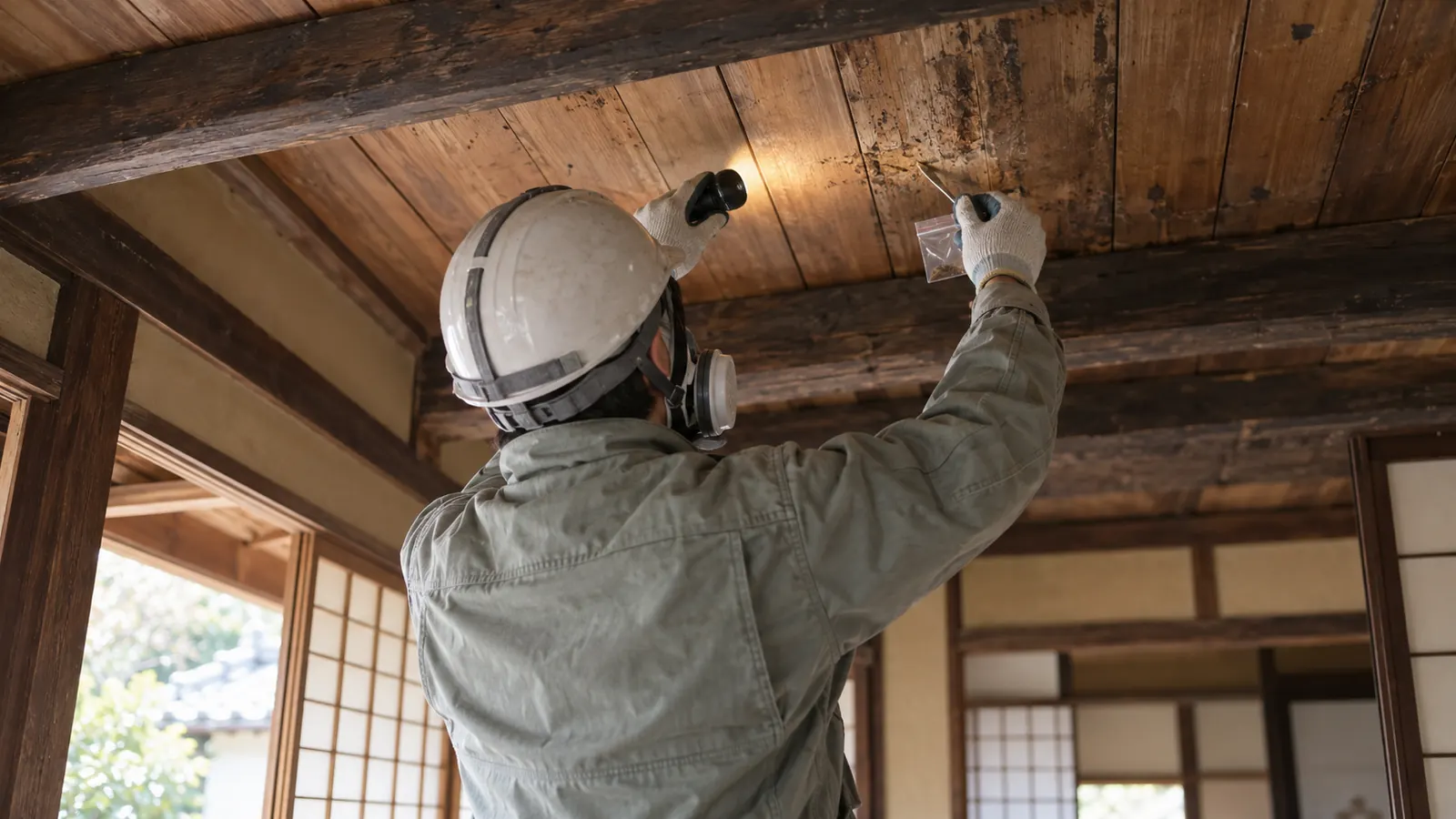 古い木造住宅の屋根と外壁を調査員が点検している様子