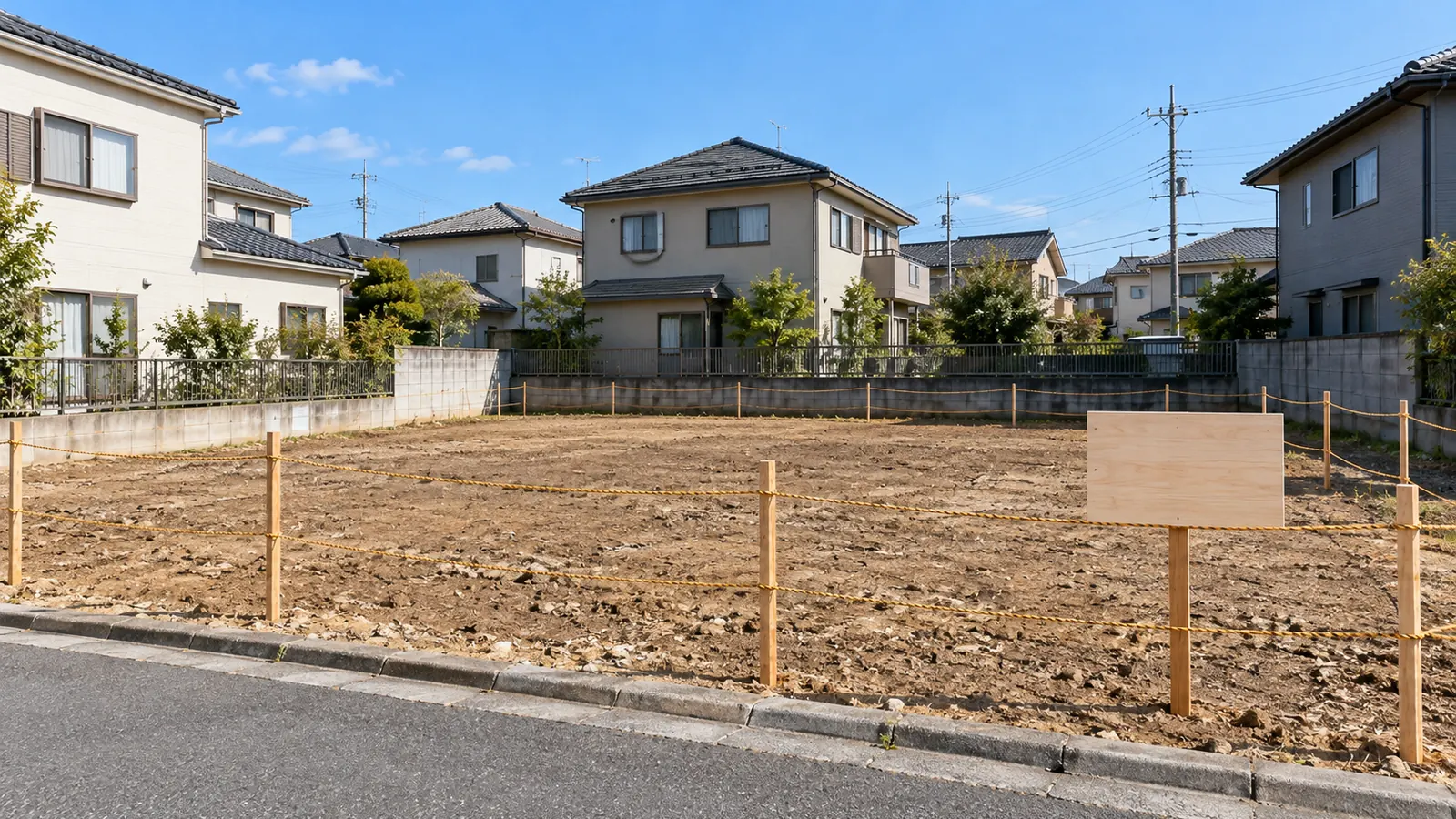 住宅地の中にある整地された更地と、隣家のブロック塀