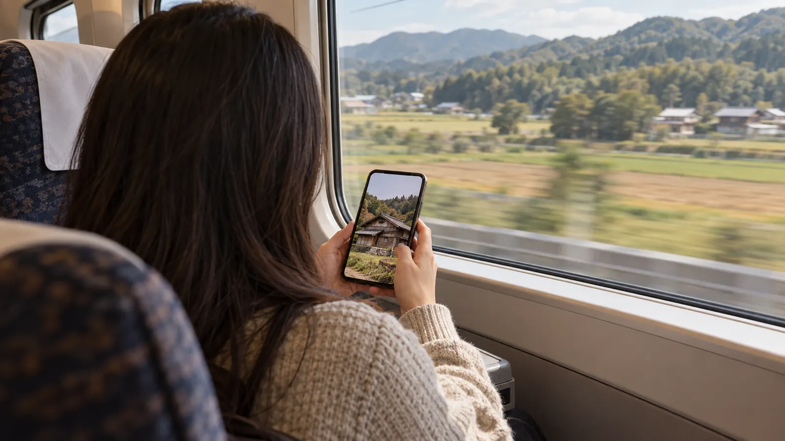 スマートフォンで実家の解体現場の写真を確認する人