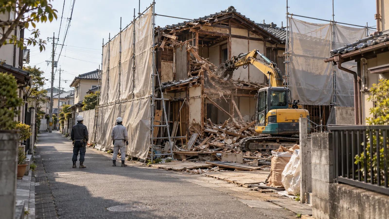 古い木造2階建ての家と、解体見積書を確認する手元