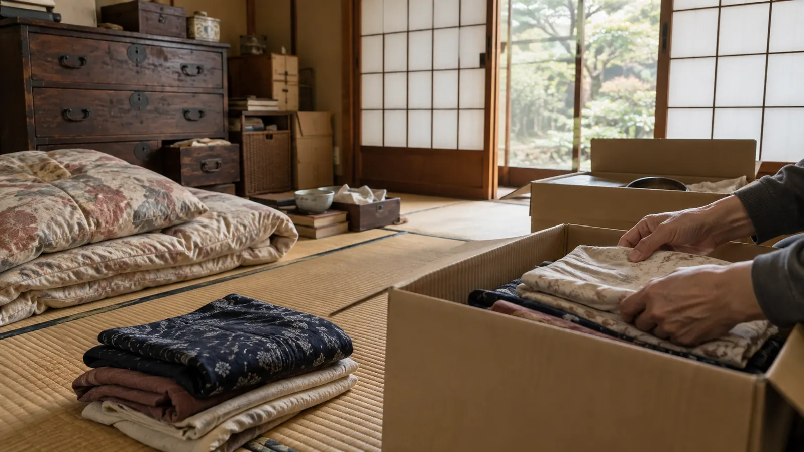 実家の和室で、家財を仕分けしながら段ボールに詰める手元