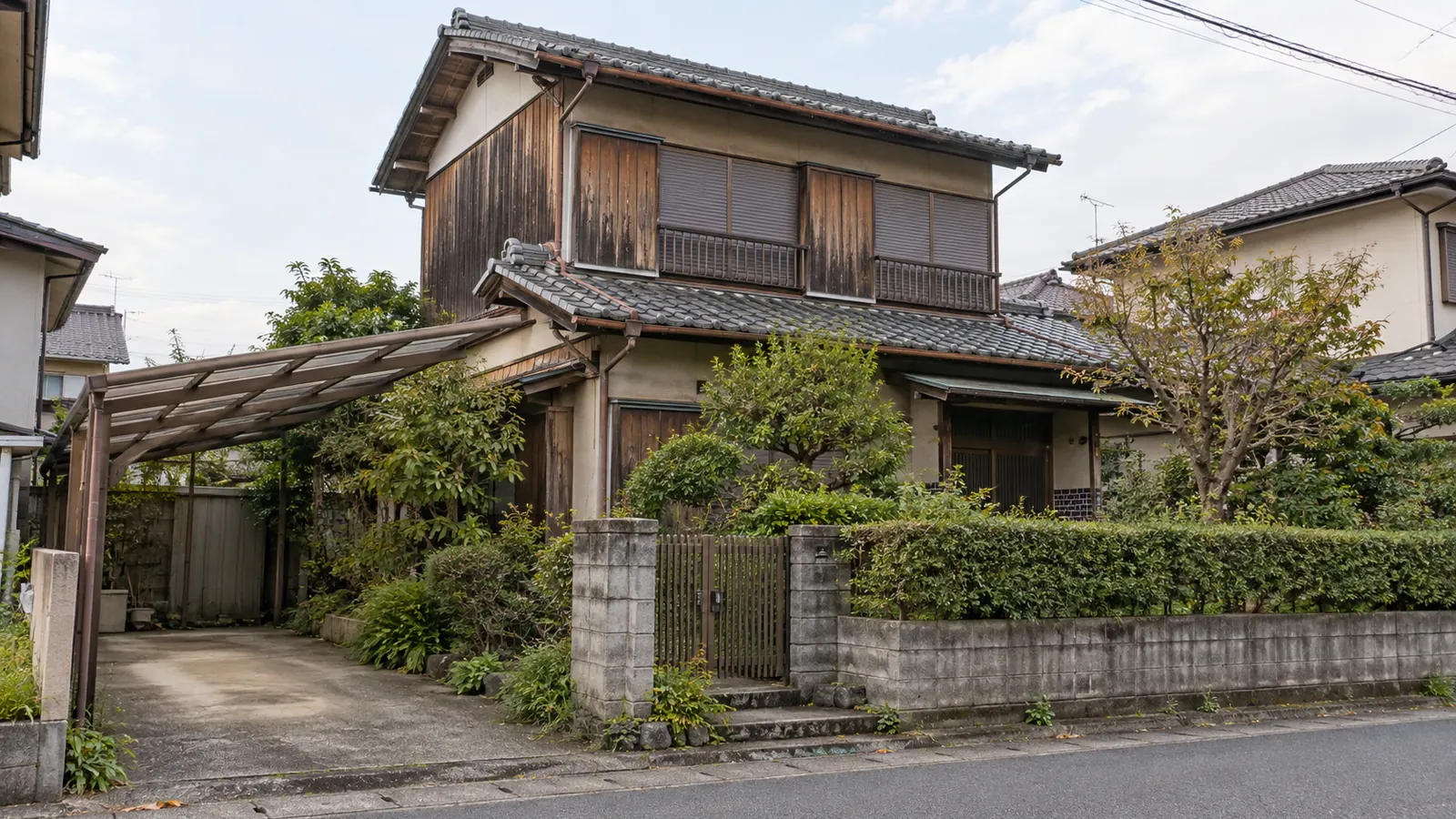 春日井市の住宅街に建つ、築年数の古い木造2階建ての家