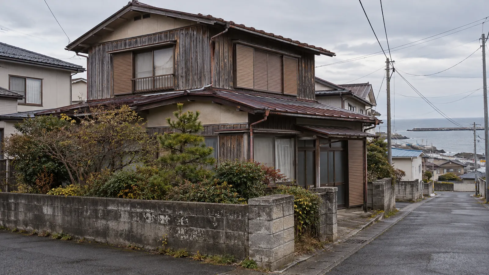八戸市の住宅街に建つ、築年数の古い木造2階建ての家