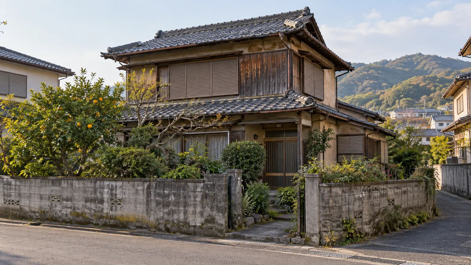 松山市の住宅街に建つ、築年数の古い木造2階建ての家