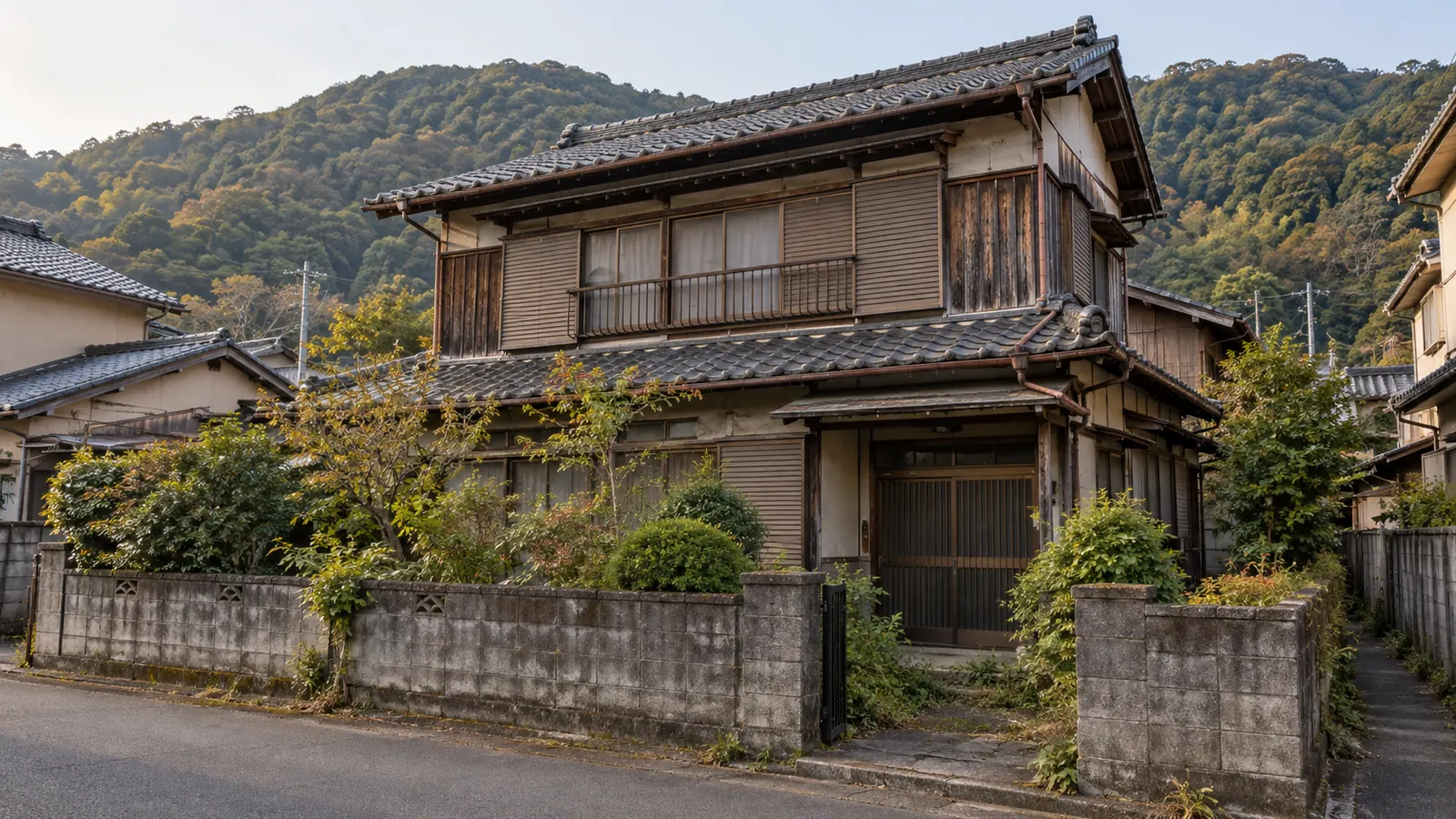 飯塚市の住宅街に建つ、築年数の古い木造2階建ての家