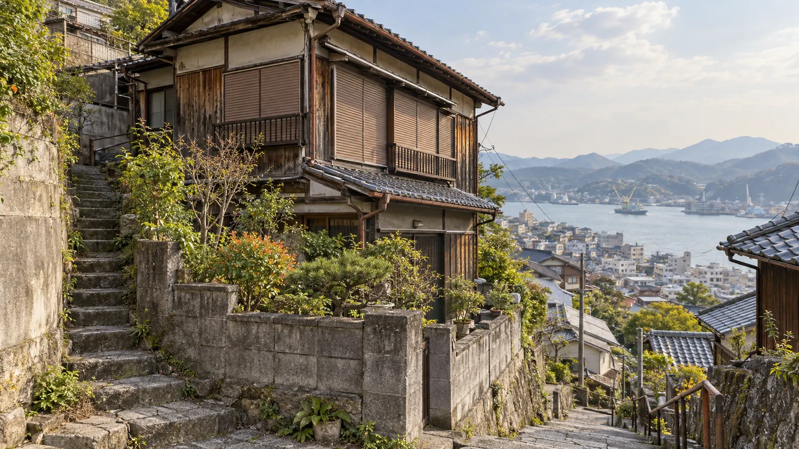 尾道市の住宅街に建つ、築年数の古い木造2階建ての家