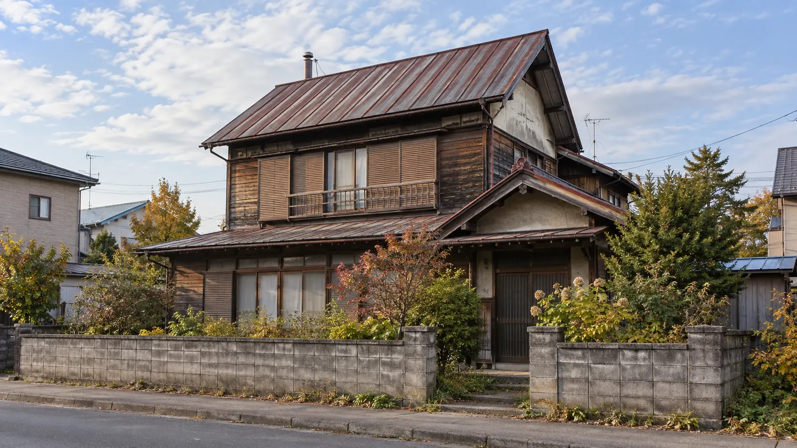 旭川市の住宅街に建つ、築年数の古い木造2階建ての家