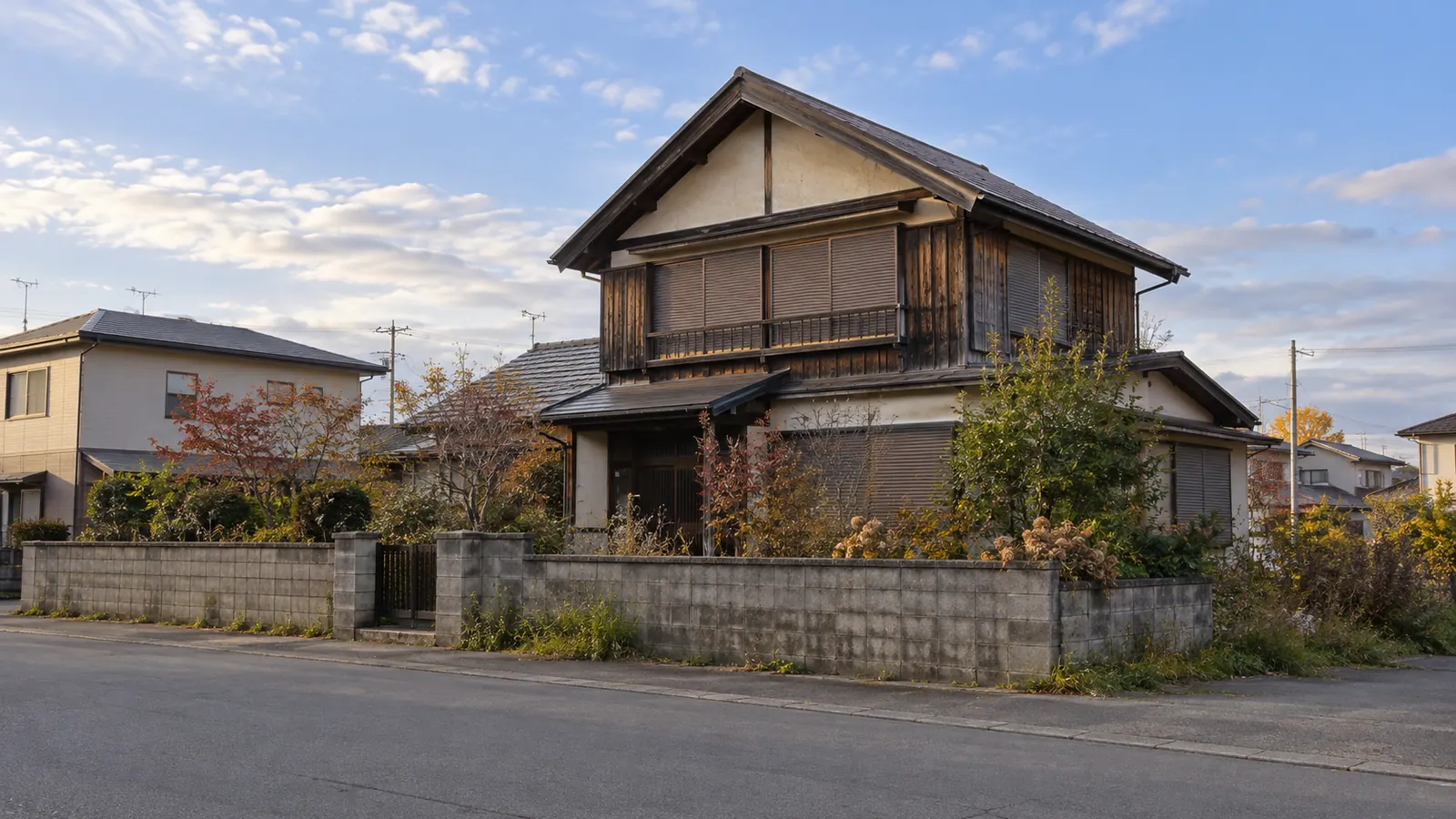 帯広市の住宅街に建つ、築年数の古い木造2階建ての家
