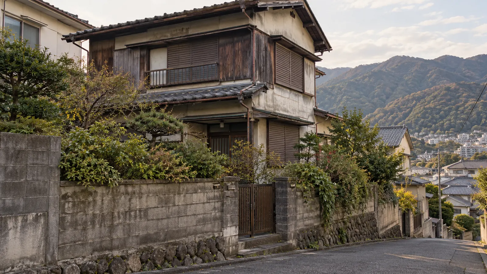 西宮市の住宅街に建つ、築年数の古い木造2階建ての家