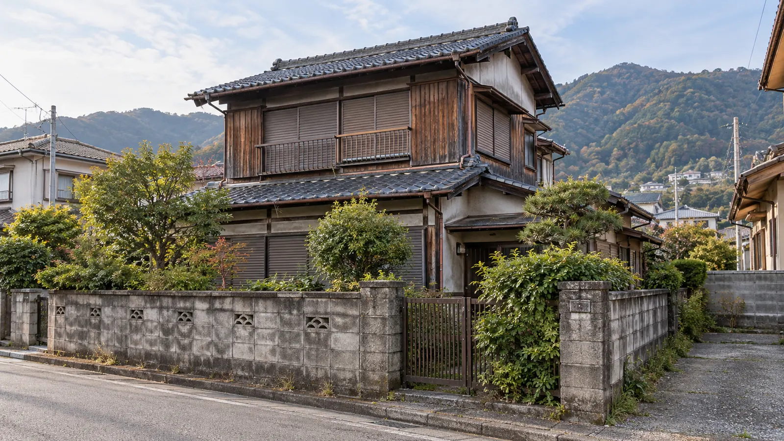 厚木市の住宅街に建つ、築年数の古い木造2階建ての家