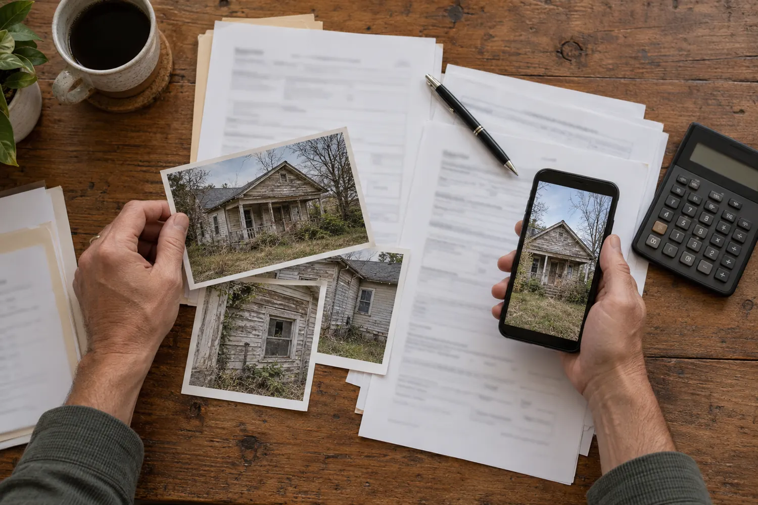 空き家の写真と申請書類を机に広げて確認している様子