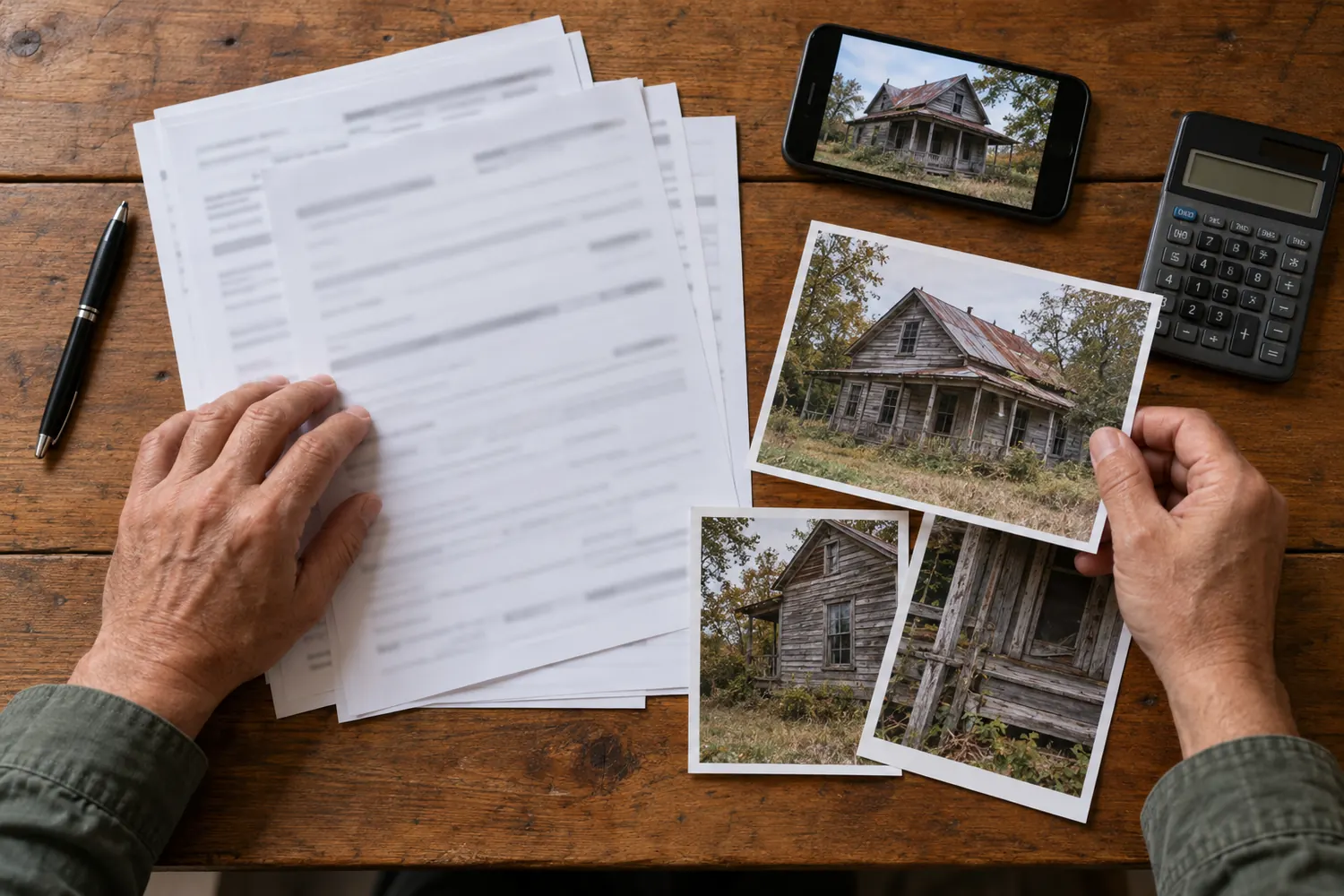 空き家の写真と申請書類を机に広げて確認している様子