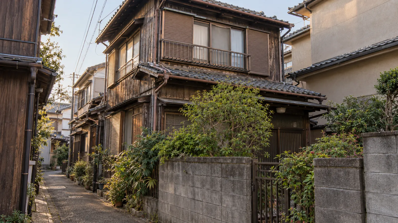 葛飾区の住宅街に建つ、築年数の古い木造2階建ての家