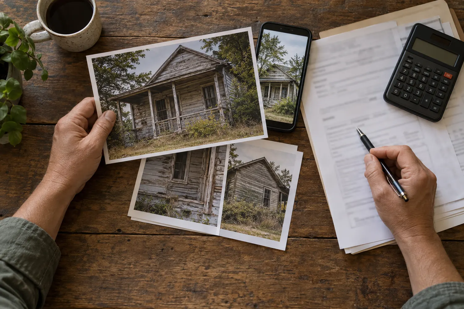 空き家の写真と申請書類を机に広げて確認している様子