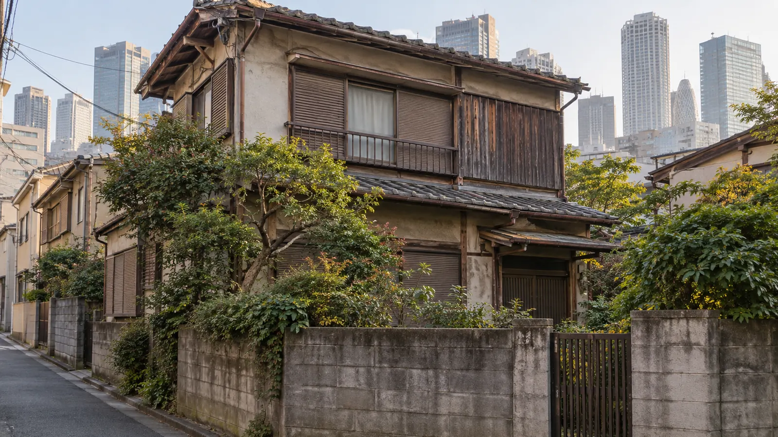 新宿区の住宅街に建つ、築年数の古い木造2階建ての家
