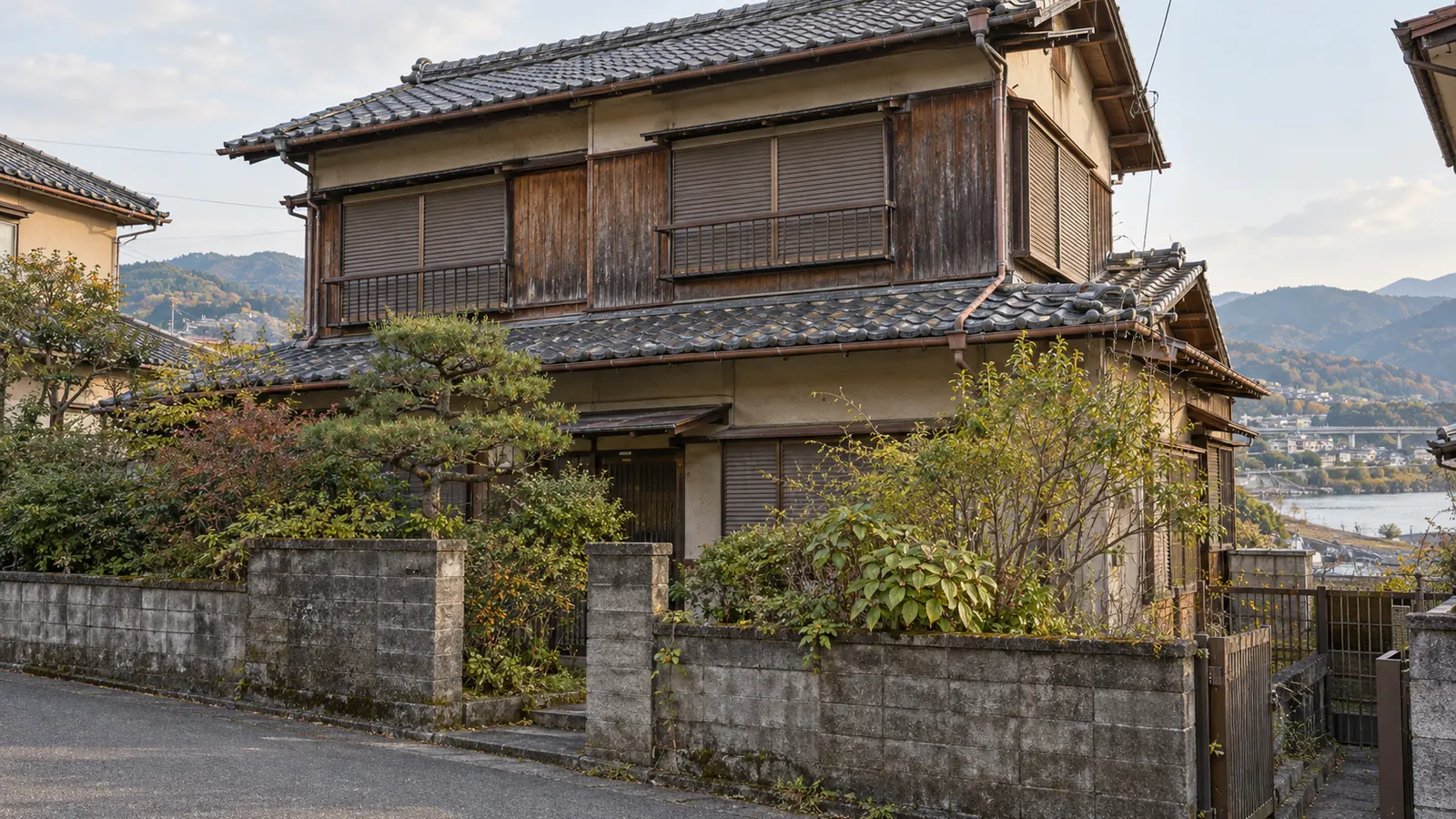 橋本市の住宅街に建つ、築年数の古い木造2階建ての家