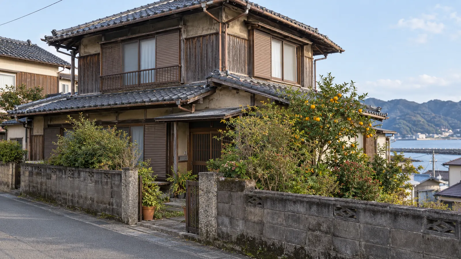 田辺市の住宅街に建つ、築年数の古い木造2階建ての家